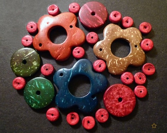 27 red, green, blue, Brown coconut wood beads