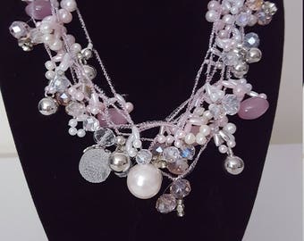 Feminine Choker Bridal Style Silver and Pink Beaded Necklace