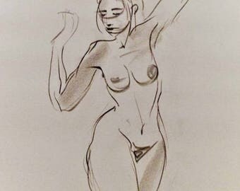 Figure study 2.09. Original Fine art Charcoal drawing for home decoration. Gesture sketch of female figure.