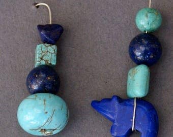 Lapis Turquoise Walking Bear Fetish Sterling Silver Earrings