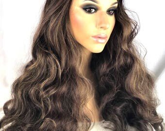 Dark Brown Wavy Wig, Human Hair Blend Lace Front Wig, Long Brown Wig, Ombre Brown Wig, Heat Safe Brown Wig, Natural Wig 