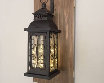 Lantern, wall decor with fairy lights, Hanging Lantern Sconces, Rustic home decor, wood with Lantern Sconce