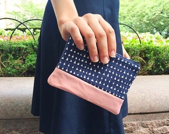 Triangles Navy Blue Leather Pouch, Coin Purse, Change Purse, Women's Small Wallet