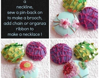 Green purple aqua sequinned embroidered fabric buttons, 1 7/8 inches, 4.7 cm, 48.26 mm, size 75 buttons, 3 sets