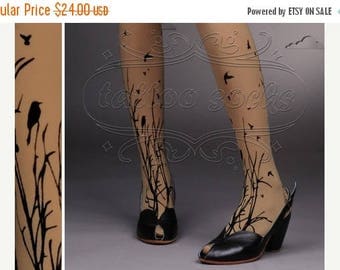 SALE///endsAug22/// fabulous FOREST SYMPHONY tattoo thigh-high nylons Cafe Latte