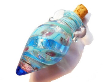 Transparent aqua blue glass bottle necklace, aromatherapy or cremains wearable handmade lampwork glass bead vessel, amphora pendant jewelry