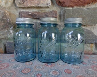 Vintage Lot of 3 Blue Aqua Ball Perfect Mason Quart Canning Jars w/Zinc Lids #L4