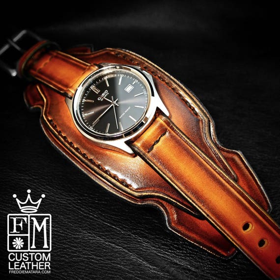 Leather cuff watch western sunburst layered Brown watch band cuff Bracelet Handmade for YOU in NYC by Freddie Matara
