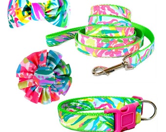 2017 FAN SEA PANTS Dog Collar and/or Leash on Green | Bow or Flower Option | Made from Lilly Pulitzer Fabric Size: Your Choice