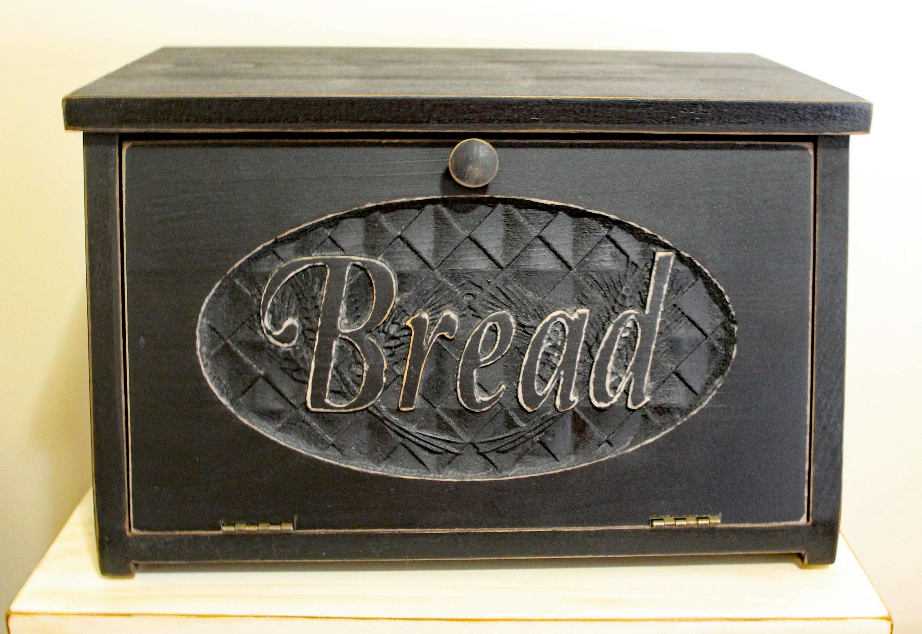 Wood Bread Box Rustic Black wooden Carved door BREAD