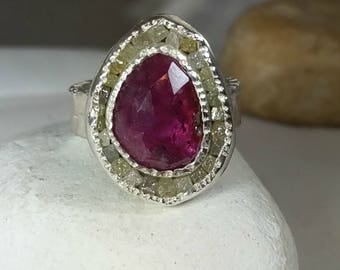 resrved for RT,Ruby and Raw Diamond ring, multi stone Ring, 22 kt gold and Rose cut ruby diamond ring, OOAK, statement ring