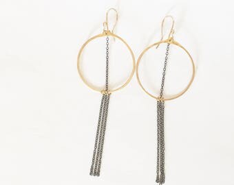 Gold hoops with oxidized sterling silver chain