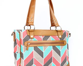 Laptop Camera Bag - Coral and Mint Herringbone - Laptop Tote - Womens Laptop Satchel - Canvas and Vegan Leather