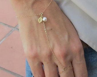 ON SALE Personalized Slave Bracelet, gold filled, delicate chain bracelet, stamped leaf hand chain bracelet, finger bracelet, Handflower