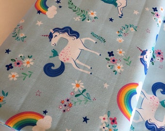 Unicorn fabric, Rainbow fabric, Girls Nursery Decor, Blue Quilt, Retro Style Fabric, Robert Kaufman, Unicorn in Blue, Choose your cut