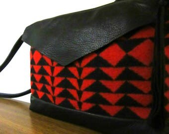 Wool Cross Body Bag Purse Shoulder Bag Soft Black Leather Red Black Southwest Style
