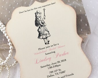 Alice in Wonderland Invitations Pink Set of 10 Baby Shower Bridal Shower Birthday Invites Printed