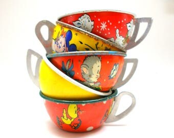 50s Tin Toy Tea cups, Red & yellow graphics, Instant Collection. Storybook, little lamb, baby duck, Micky mouse.