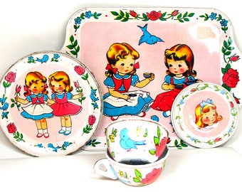 50s Tin Toy Tea Set, Tea with Bluebirds, by J. Chein Co. 7 pieces.