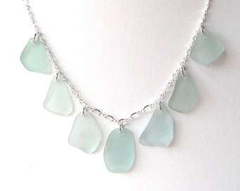 Soft Blue Sea Glass Multi Necklace on 18" Sterling Silver Chain