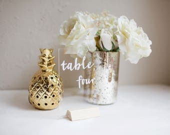 Acrylic table numbers or names. Size 4 x 6". Clear plexiglass. Custom designed for your unique wedding style. Any font or style