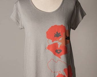 SUMMER SALE womens shirt, poppy shirt, red poppies, gray shirt, floral poppy screenprint