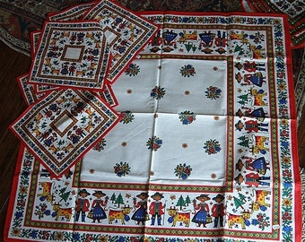 christmasinjuly KOLF Austrian TABLECLOTH, 6 NAPKINS, Bright Colors, 100% Cotton