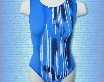 Girls Gymnastics Leotard Childs size 2, 4, 6, 8, 10, 12, black, white, and blue shades, Bounce Brand, Youth tank gym leo