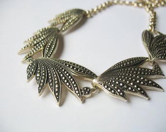 Faux Marcasite Necklace, Eloxal, Aluminum, 1940's, Goldtone, Leaf Design