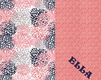 SALE Personalized Baby Blanket For Girl / Minky Baby Blanket, Navy Flower Baby Blanket - Nursery Decor / Coral Baby Blanket / Name Blanket