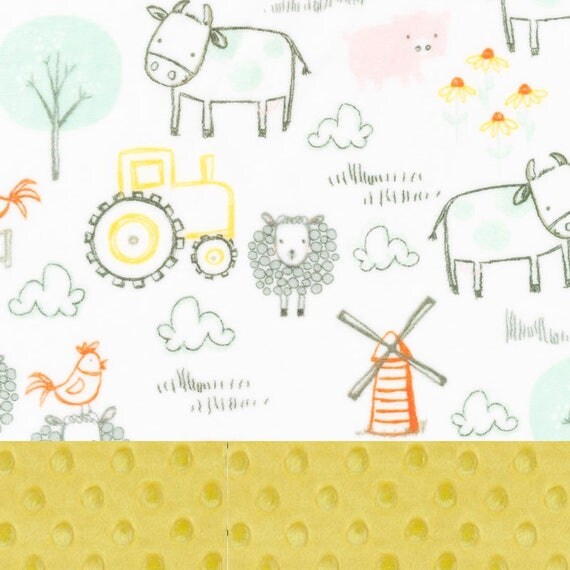 Farm Animal Minky Baby Blanket, Personalized Baby Blanket - Gray Yellow Orange Pig Farm Blanket - Nursery Decor / Animal Blanket