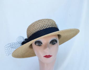 Straw Boater Hat With Black Trim And Netting / Straw Boater Hat / Women's 3 Inch Brim Straw Hat / Retro Style Summer Straw Brim Hat