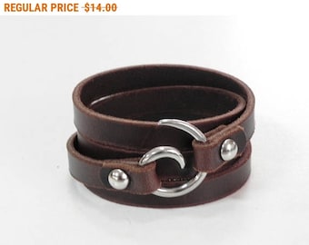 Brown Leather Wrap Bracelet Leather Cuff with Spiral Stainless