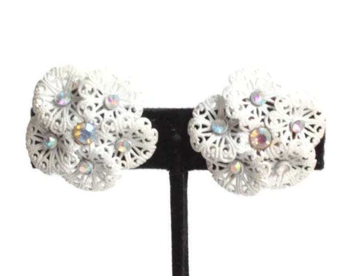 Vintage White Filigree Earrings Aurora Borealis Rhinestones Overlapping Circles Signed Marvella