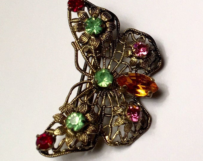 Rhinestone Butterfly Pin Filigree Czechoslovakia Vintage Smaller