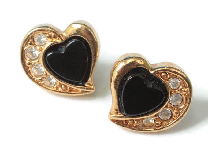 Small Heart Earrings Black Center Clear Rhinestones Posts Signed Avon Vintage