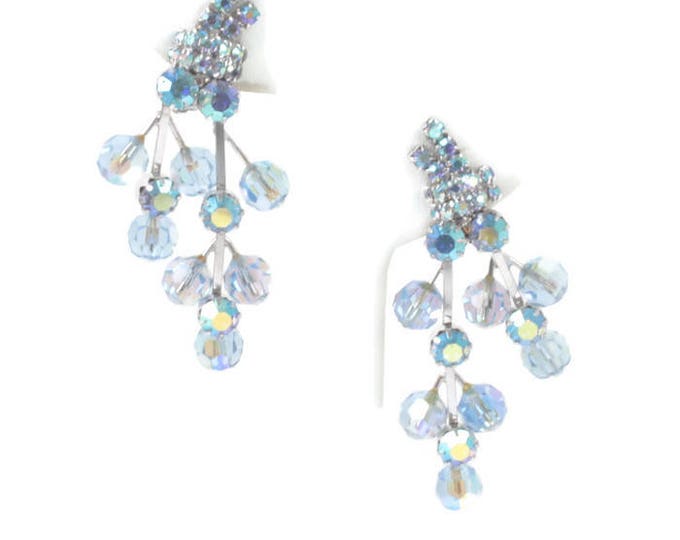 Blue AB Crystal Dangle Earrings Rhinestones Chandelier Wedding Something Blue Vintage