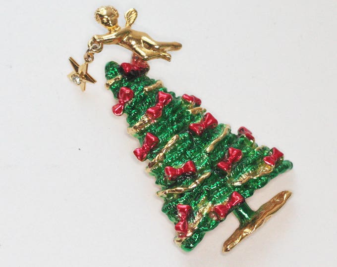 Enameled Christmas Tree Pin Angel with Star Dangle Vintage Holiday Jewelry Signed AJC