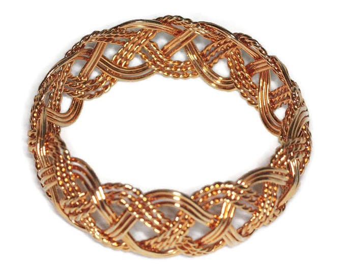 Woven Design Bangle Bracelet Gold Tone Bold Chunky Vintage