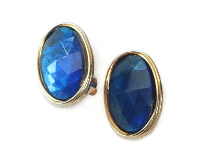 Blue Oval Clip On Earrings Gold Tone Large Chunky Bold Vintage