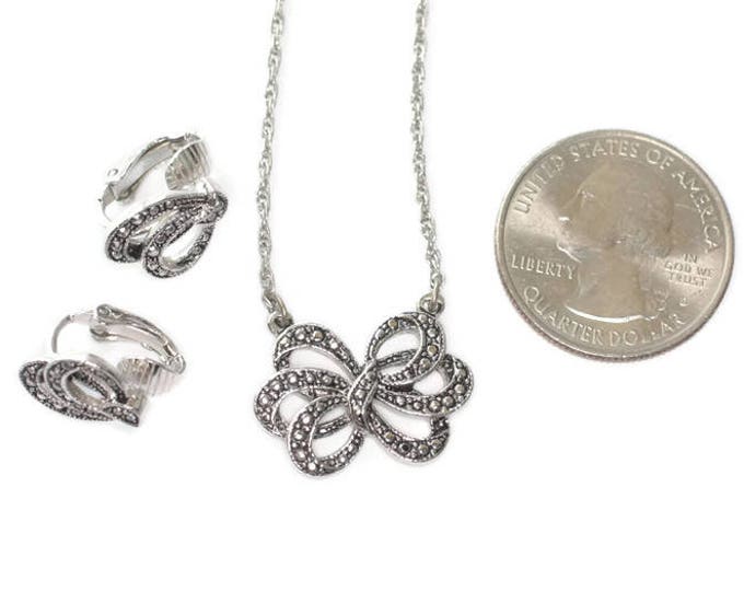 Faux Marcasite Bow Necklace and Earrings Set Avon Vintage