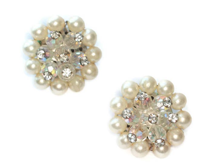 Faux Pearl and AB Bead Cluster Earrings Rhinestone Accents Clip On Style Vintage