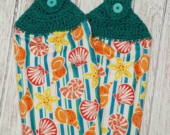 Crochet Kitchen Towels Hanging Dish Towels SeaShells Tea Towels Nautical Kitchen Towels Jade Teal Green Hand Towels Housewarming gift