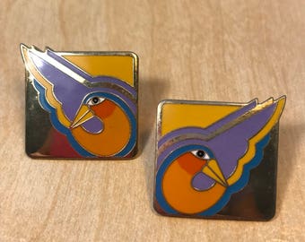 LAUREL Burch Paradise Birds Earrings/ Gorgeous SHA BIRD Laurel Burch Earrings /Enameled Earrings/Orange, Yellow, Blue, & Purple with Gold