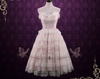 Pearl Pink Retro Tea Length Lace Tulle Formal Prom Evening Dress | Natasha