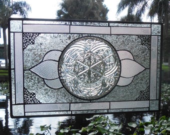 Stained Glass Panel, Depression Glass Window, American Brilliant EAPG, Antique Stained Glass Transom Window, Unique Old Window Stained Glass