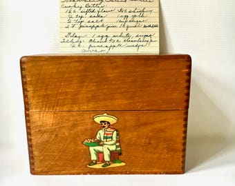 Vintage Recipe Box with Recipes Dovetailed Wooden Recipe Box with 1950s Recipes Mexican Decal