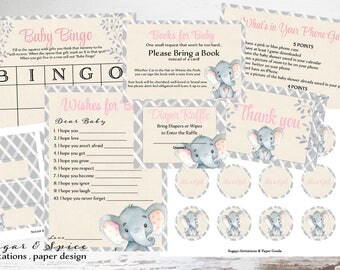 Baby Shower Game Package, Elephant Baby Shower Invitation, Baby Shower Decoration Printable Baby Shower Games