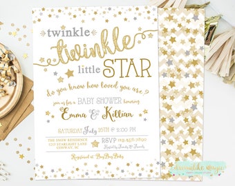 Twinkle Twinkle Little Star Baby Shower Invitation, Gender Neutral Invitation, Little Star Baby Shower Invite, Gold Silver, Twinkle Shower