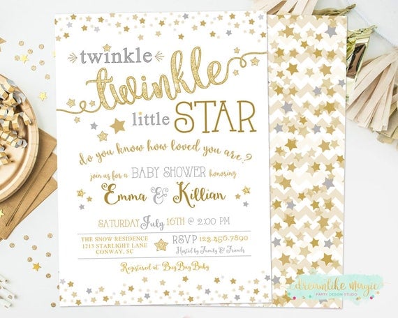Twinkle Twinkle Little Star Baby Shower Invitation, Gender Neutral Invitation, Little Star Baby Shower Invite, Gold Silver, Twinkle Shower Il_570xn